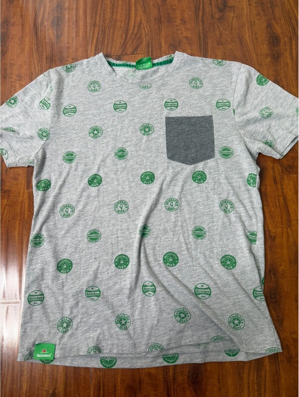 HEINEKEN SZ L T-Shirt Heathered Gray Allover Green Round Logo Heineken Beer/Bier